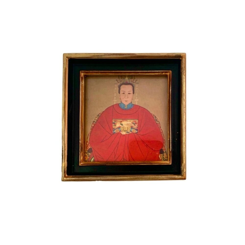 Print Chinese Ancestors Portrait in Nice Frame Vintage Folk Art Decor Gift